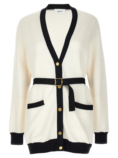 Bally Logo Jacquard Belted Cardigan In White/black
