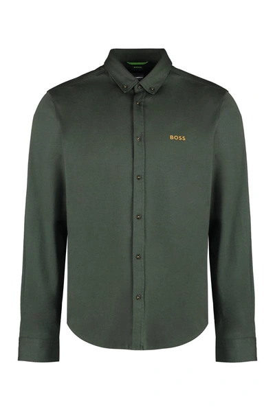 Shop Hugo Boss Boss Button-down Collar Cotton Shirt In Green