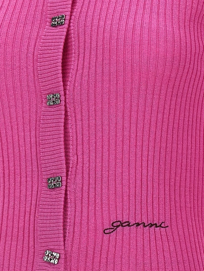 Shop Ganni Logo Buttons Cardigan In Fuchsia