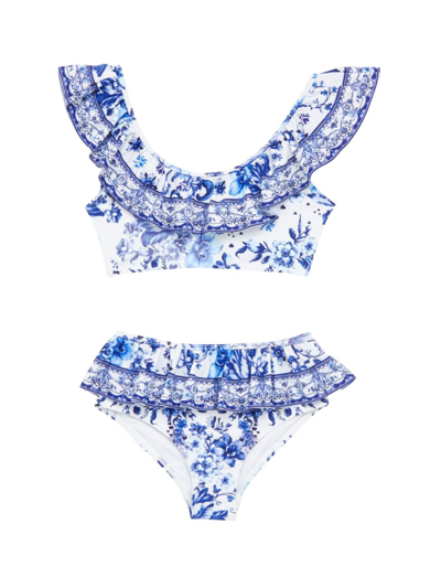 Shop Camilla Little Girl's & Girl's 2-piece Ruffle-trim Floral Bikini In Blue White
