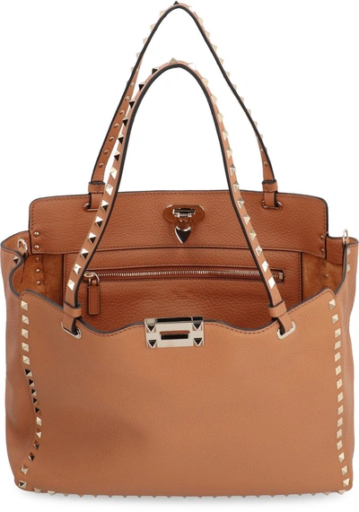 Shop Valentino Garavani - Rockstud Leather Medium Bag In Saddle Brown