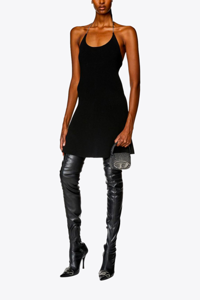 Shop Diesel M-arlette Black Ribbbed Knit Short Dress With Metal Chain - M-arlette In Nero