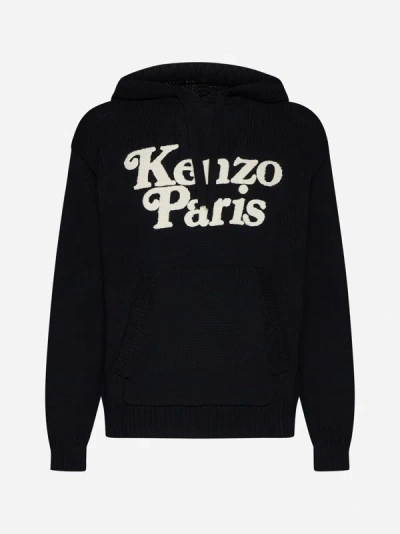 Shop Kenzo Logo Cotton Knit Hoodie In Black