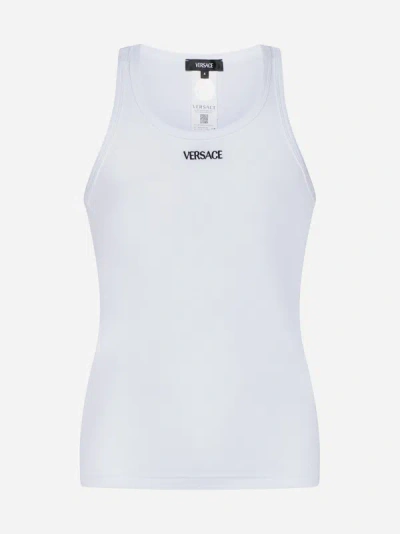 Shop Versace Logo Cotton Tank Top In Optical White