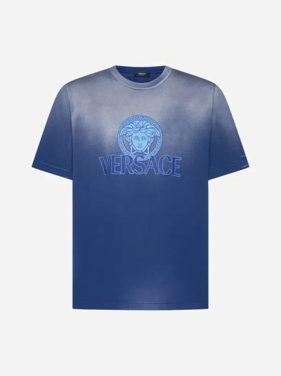 Shop Versace Medusa And Logo Cotton T-shirt In Royal Blue