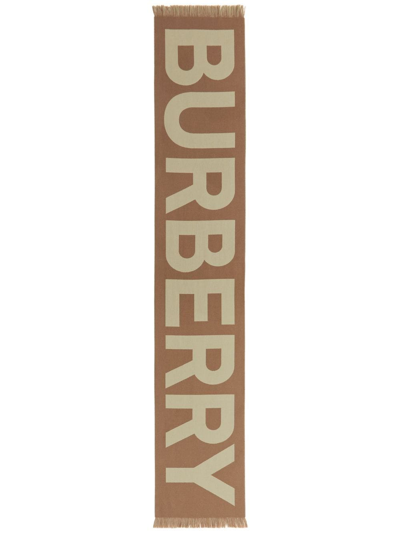 Shop Burberry Logo Wool Scarf In Brown
