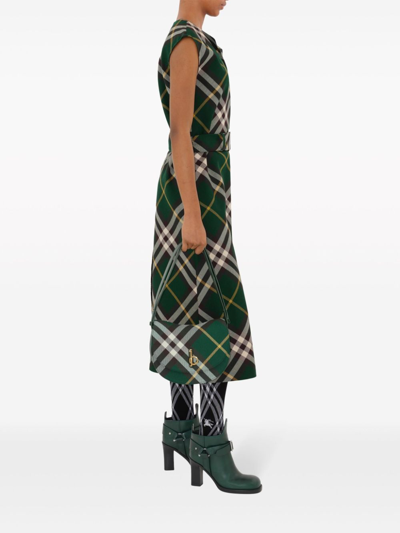 Shop Burberry Check Motif Wool Midi Dress In Green