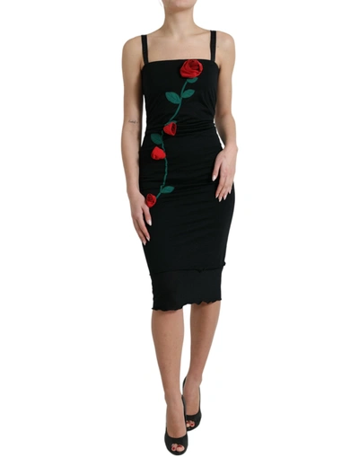 Shop Dolce & Gabbana Black Roses Wool Sheath Bodycon Midi Dress
