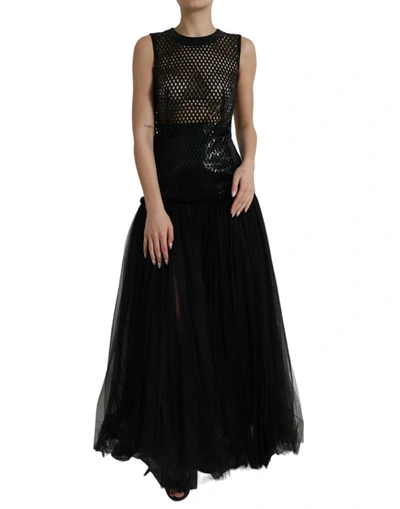 Shop Dolce & Gabbana Black Sequined Sleeveless Mesh Layered Gown Dress