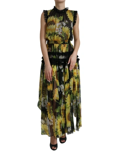 Shop Dolce & Gabbana Black Sunflower A-line Pleated Maxi Dress