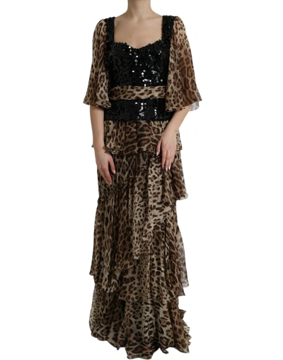 Shop Dolce & Gabbana Brown Leopard Sequined Tiered Long Gown Dress