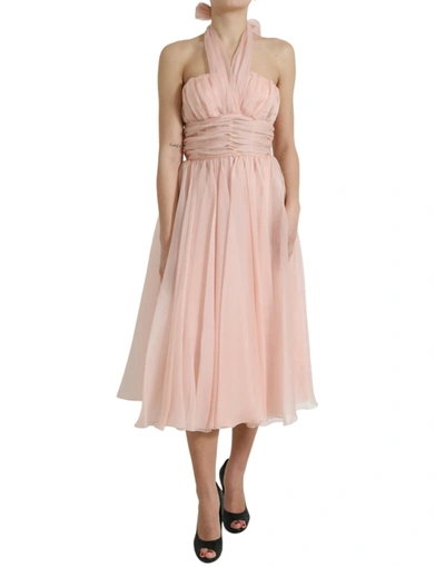 Shop Dolce & Gabbana Pink Silk Chiffon Halter A-line Pleated Midi Dress