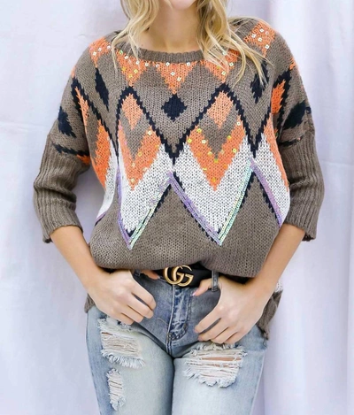 Shop Davi & Dani Aztec Sequin Sweater In Brown And Orange In Multi