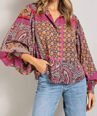 Shop Eesome Women's Boho Puff Sleeve Top In Hot Pink & Red In Multi