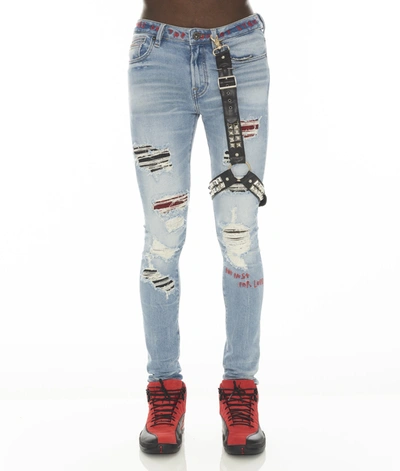 Cult Of Individuality Punk Super Skinny Jeans With Studded Leg Harness In Blue