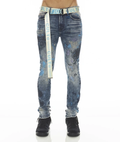 Cult Of Individuality Punk Super Skinny Stretch W/baby Blue Belt In Abstract In Blue