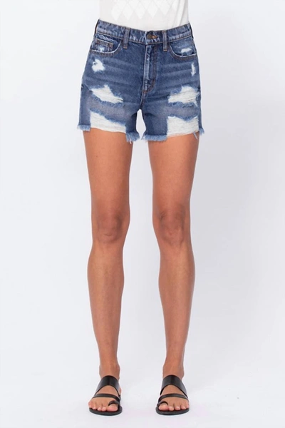 Shop Sneak Peek Frayed Hem Distressed Denim Shorts In Medium Blue