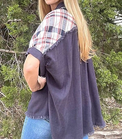 Umgee Plaid Button Down Shirt With Unfinished Frayed Hem In Navy In Blue