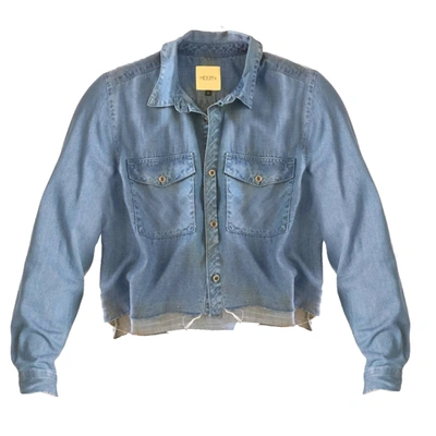 Hidden Jeans Women Chambray Cutoff Fringe Cropped Collared Top Shirt In Blue In Blue