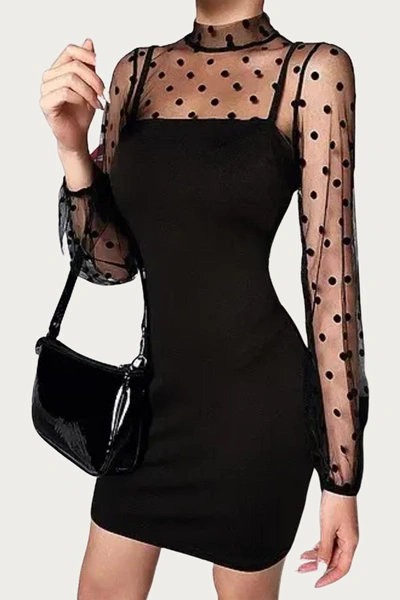 Shop Melody Fashion Polka Dot Mesh Sleeve Mini Dress In Black