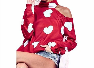Shop Bibi Heart Print Top With One Open Shoulder In Red