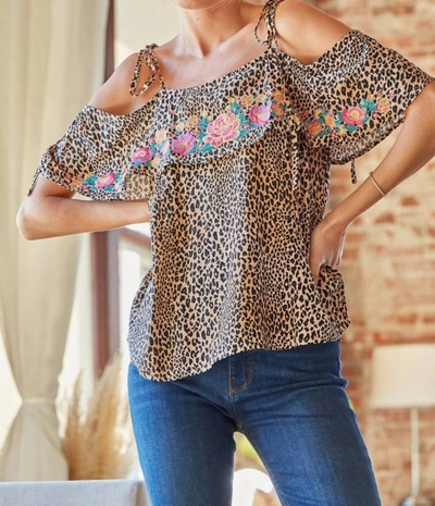 Shop Savanna Jane Floral Embroidery Off The Shoulder Top In Leopard In Multi