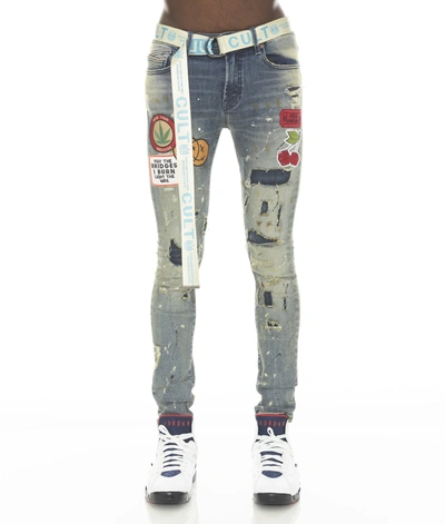 Cult Of Individuality Punk Belted Distressed Super Skinny Jeans In Blue