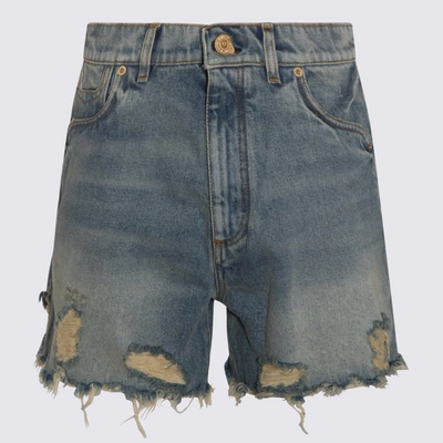 Shop Balmain Blue Cotton Denim Shorts