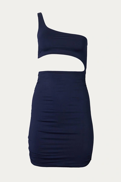 Shop Melody Fashion One-shoulder Ruched Cutout Mini Dress In Navy In Blue