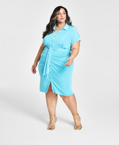 Shop Nina Parker Trendy Plus Size Tie-front Ruched Shirtdress In Turq Pool