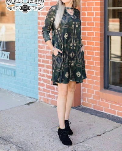Crazy Train Honey Hunt Long Sleeve Aztec Dress In Green In Green