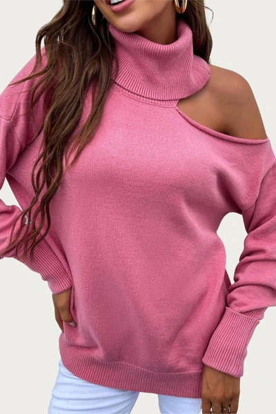 Shop Esley Collection Cold-shoulder Turtleneck Sweater In Pink