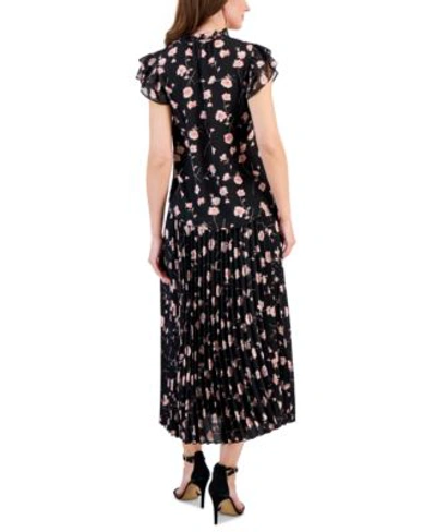 Shop Anne Klein Womens Floral Print Flutter Sleeve Blouse Midi Skirt In Black,cherry Blossom