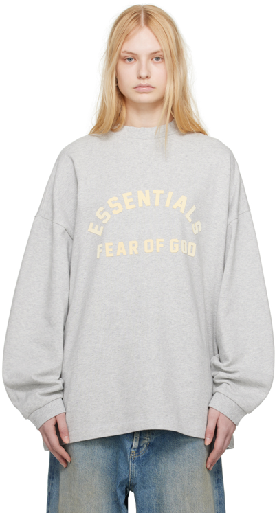 Shop Essentials Gray Crewneck Long Sleeve T-shirt In Light Heather Grey