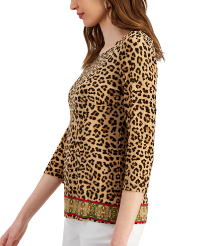 Shop Jm Collection Women's 3/4 Sleeve Print Jacquard Top, Created For Macy's In Deep Black Combo