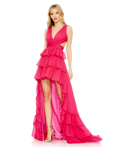Shop Mac Duggal Ruffle Tiered Cross Over High Low Gown In Pink