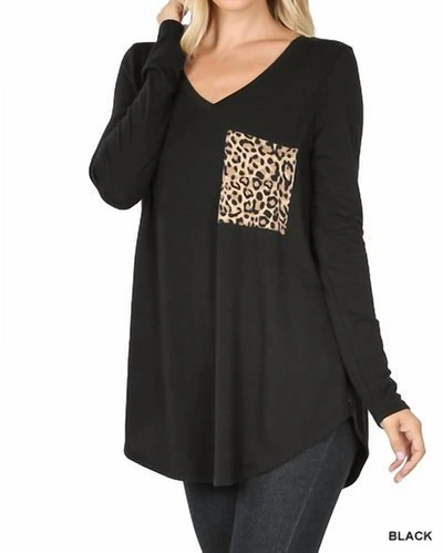 Shop Zenana Leopard Pocket Long Sleeve In Black