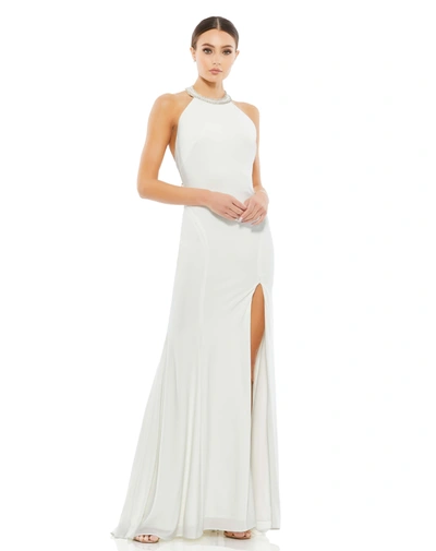 Shop Mac Duggal Beaded Halter Jersey Evening Gown In White