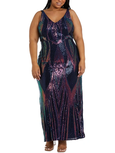 Shop Nw Nightway Plus Womens Mesh Sequined Evening Dress In Blue