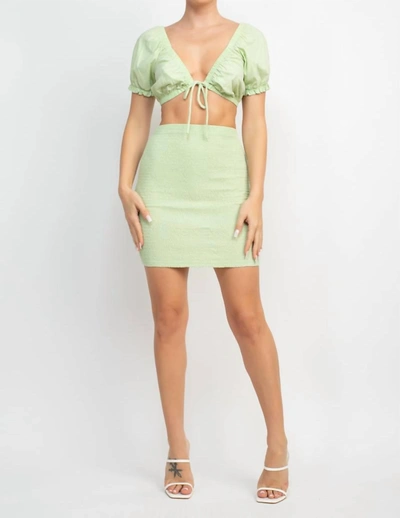 Shop Haute Monde Front Tie V-neck Crop Top And Smocked Skirts Set In Mint Green