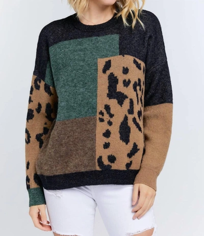 Shop Davi & Dani Color Block Leopard Sweater In Charcoal In Pink