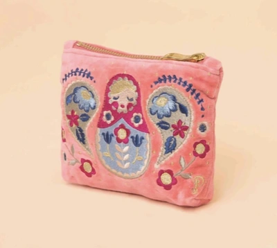 Shop Powder Matryoshka Doll Velvet Embroidered Mini Pouch In Petal In Pink