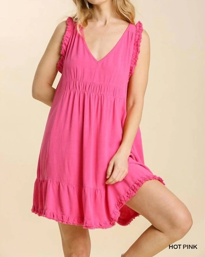 Shop Umgee Linen Blend V Neck Dress With Frayed Ruffle Hem In Hot Pink