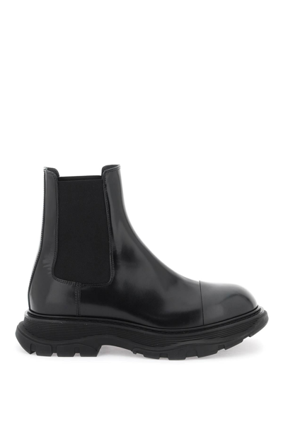 Shop Alexander Mcqueen Chelsea Tread Brushed Leather Ankle In Black