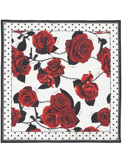 Shop Balmain Red Roses & Polka Dots Scarf 90x90 Accessories In White