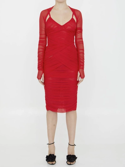 Shop Dolce & Gabbana Draped Tulle Midi Dress In Red