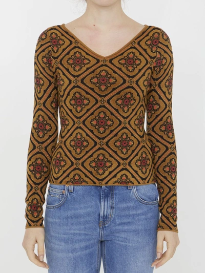 Etro Metallic Floral Medallion Sweater In Brown