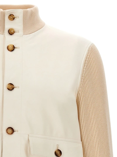 Shop Brunello Cucinelli Leather Jacket With Knit Inserts Casual Jackets, Parka White