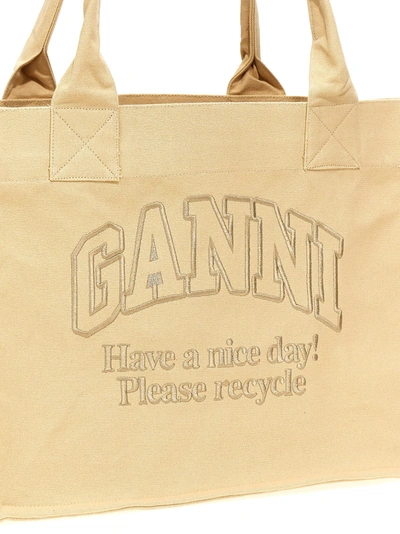 Shop Ganni Logo Embroidery Shopping Bag Tote Bag Beige