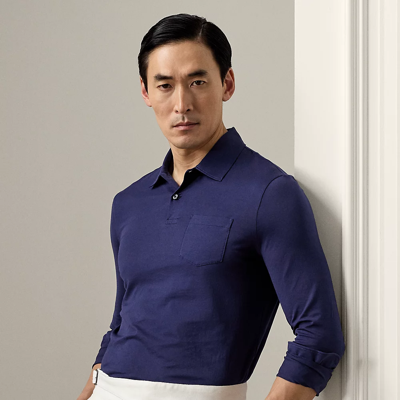 Shop Ralph Lauren Purple Label Lisle Pocket Long-sleeve Polo Shirt In Spring Navy